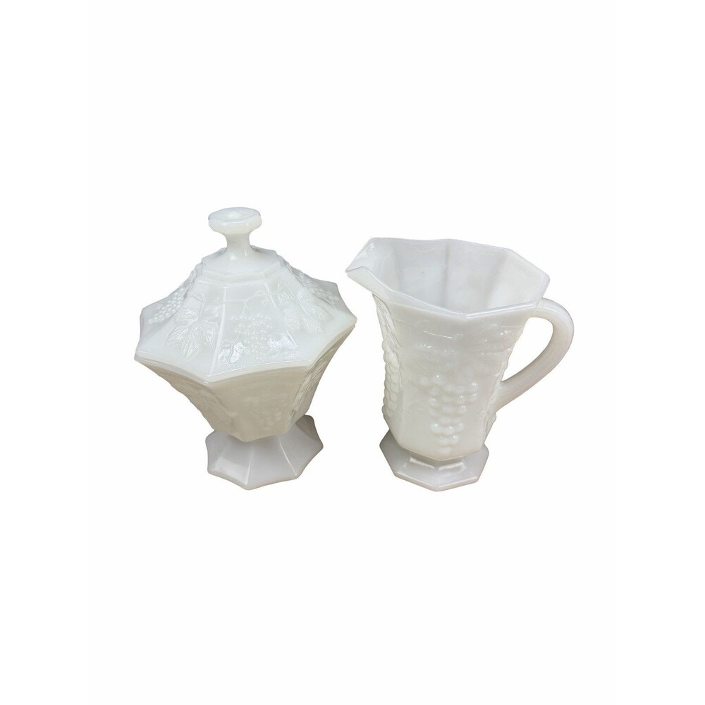Vtg Anchor Hocking Milk Glass Harvest Grape Pitcher & Lidded Candy Dish Set